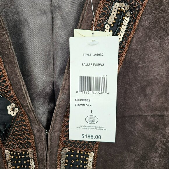 Laura Ashley Nubuck Leather Blazer Jacket L Brown Beaded Sequin Embroidered New - Picture 6 of 13